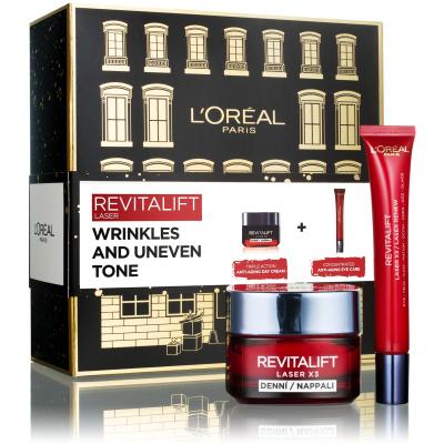 L&#039;Oréal Paris Revitalift Laser X3 Day Cream Pacco regalo crema quotidiana per la pelle Revitalift Laser X3 50 ml + crema contorno occhi Revitalift Laser X3 15 ml