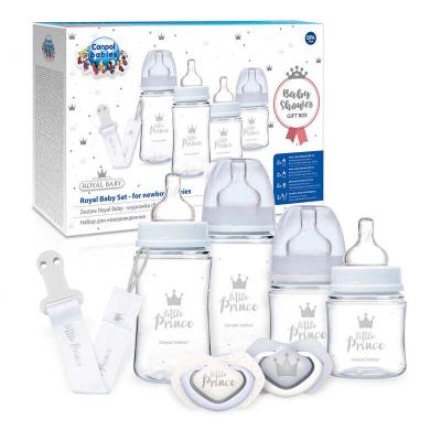 Canpol babies Royal Baby Set Little Prince Pacco regalo biberon EasyStart anticolica 2 x 240ml + biberon EasyStart anticolica 2 x 120ml + ciuccio Royal Touch leggero 2 x 0-6m + Clip succhietto Royal Baby con nastro 1 pz.