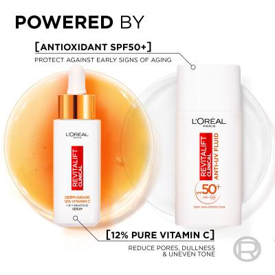 L&#039;Oréal Paris Revitalift Clinical Pure 12% Vitamin C Pacco regalo siero Revitalift Clinical Vitamin C Serum 30 ml + crema quotidiana per la pelle Revitalift Clinical Vitamin C Anti-UV Fluid SPF50 50 ml