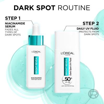 L&#039;Oréal Paris Bright Reveal Dark Spot UV Fluid SPF50+ Pacco regalo fluido quotidiano per la pelle Bright Reveal Dark Spot UV Fluid SPF50 50 ml + siero per la pelle Bright Reveal Niacinamide Dark Spot Serum 30 ml