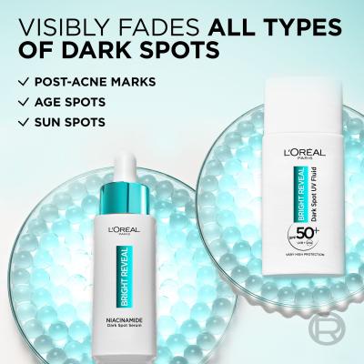 L&#039;Oréal Paris Bright Reveal Dark Spot UV Fluid SPF50+ Pacco regalo fluido quotidiano per la pelle Bright Reveal Dark Spot UV Fluid SPF50 50 ml + siero per la pelle Bright Reveal Niacinamide Dark Spot Serum 30 ml