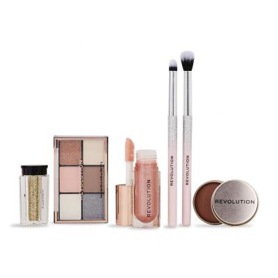 Makeup Revolution London Pink Glow Gift Set Pacco regalo pallette di ombretti Mini Reloaded Palette 4,2 g + lucidalabbra Shimmer Bomb 4,5 ml Glimmer Nude + gitter Viva Loose Body Glitter 3 g Partaay Gold + balsamo multifunzionale per guance, occhi e labbra Balm Glow 8,2 g Natural Nude + pennello cos