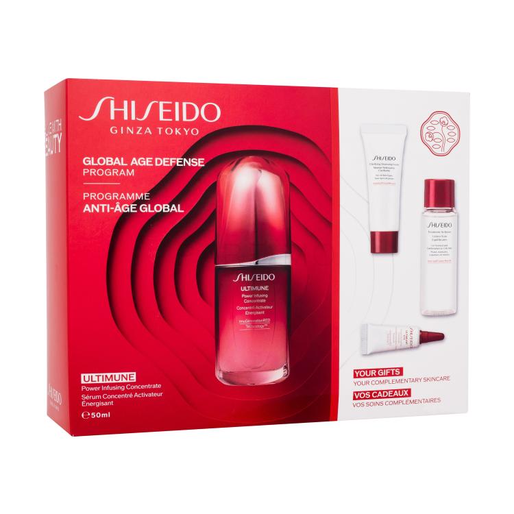 Shiseido Ultimune Global Age Defense Program Pacco regalo siero viso Ultimune Power Infusing Concentrate 50 ml + mousse detergente Clarifying Cleansing Foam 15 ml + tonico Treatment Softener 30 ml + siero contorno occhi Ultimune Power Infusing Eye Concentrate 3 ml