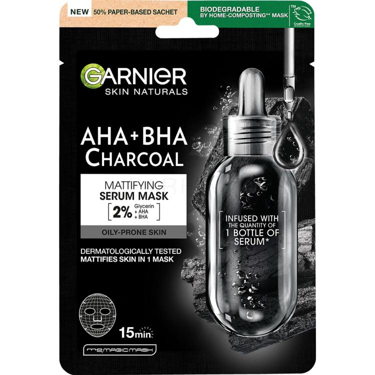 Garnier Skin Naturals AHA + BHA Charcoal Mattifying Serum Mask Maschera per il viso donna 1 pz