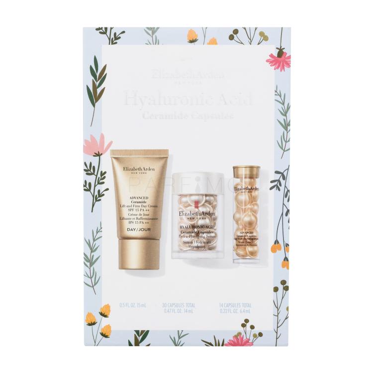 Elizabeth Arden Hyaluronic Acid Ceramide Capsules Day Set Pacco regalo siero pelle acido ialuronico Ceramide Hydra-Plumping Serum 30 pezzi + siero pelle Advanced Ceramide Daily Youth Restoring Siero 14 pezzi + crema giorno Advanced Ceramide crema giorno Lift and Firm SPF15 15 ml