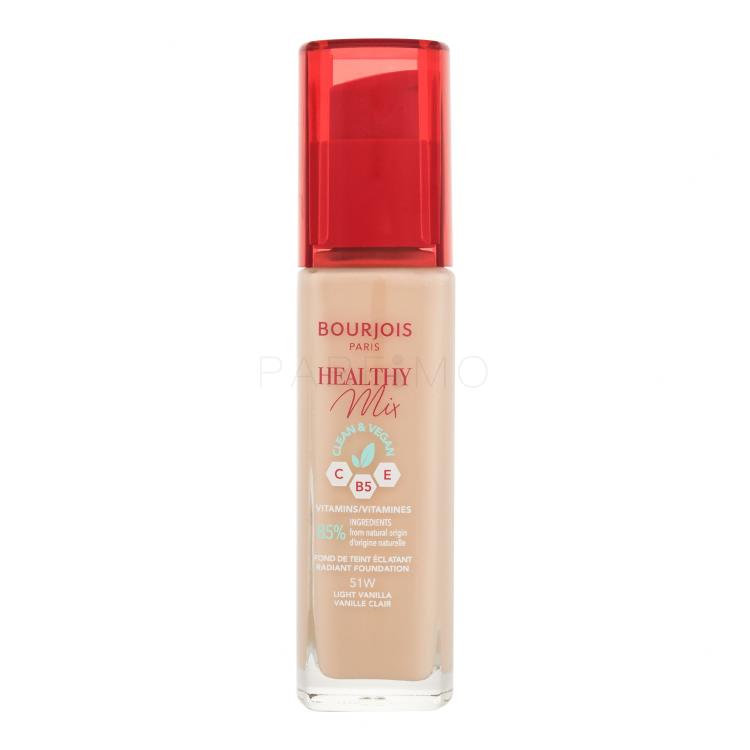 BOURJOIS Paris Healthy Mix Clean &amp; Vegan Radiant Foundation Fondotinta donna 30 ml Tonalità 51W Light Vanilla