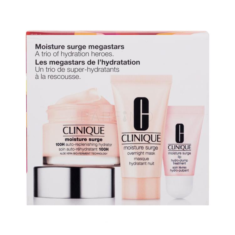 Clinique Moisture Surge Megastars Pacco regalo crema giorno Moisture Surge 100H Auto-Replenishing Hydrator 50 ml + maschera notte Moisture Surge Overnight Mask 30 ml + balsamo labbra Moisture Surge Lip Hydro-Plump Treatment 7 ml