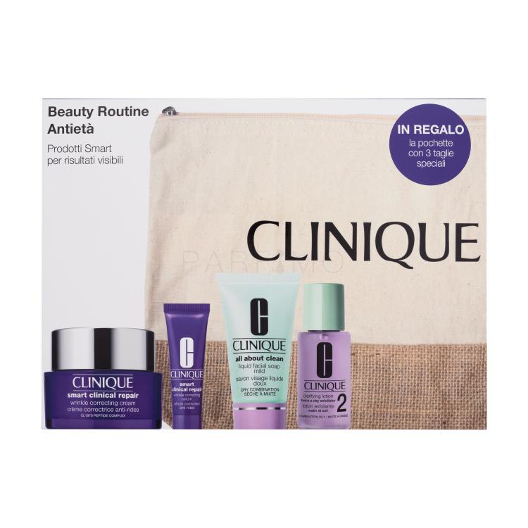 Clinique Beauty Routine Anti-Age Pacco regalo crema viso Clinique Smart Clinical Repair Wrinkle Correcting Cream 50 ml + siero viso Clinique Smart Clinical Repair Wrinkle Correcting Serum 10 ml + sapone per il viso All About Clean Liquid Facial Soap 30 ml + acqua per il viso Clarifying Lotion 2 30 m