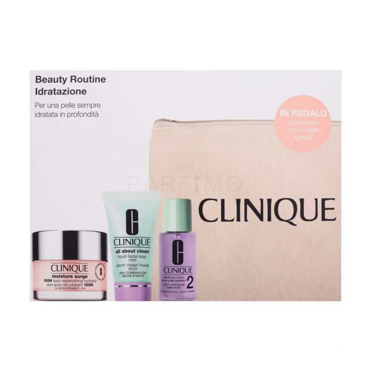 Clinique Beauty Routine Hydration Pacco regalo crema idratante Moisture Surge 100-Hour Auto Replenishing Hydrator 50 ml + All About Clean Liquid Facial Soap 30 ml + Clarifying Lotion 2 30 ml + trousse