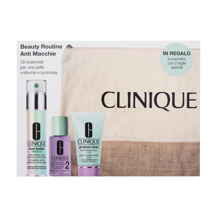 Clinique Beauty Routine Anti Stains Pacco regalo siero viso Even Better Clinical Radical Dark Spot Corrector Interrupter 30 ml + sapone per il viso All About Clean Liquid Facial Soap 30 ml + acqua per il viso Clarifying Lotion 2 30 ml + trousse