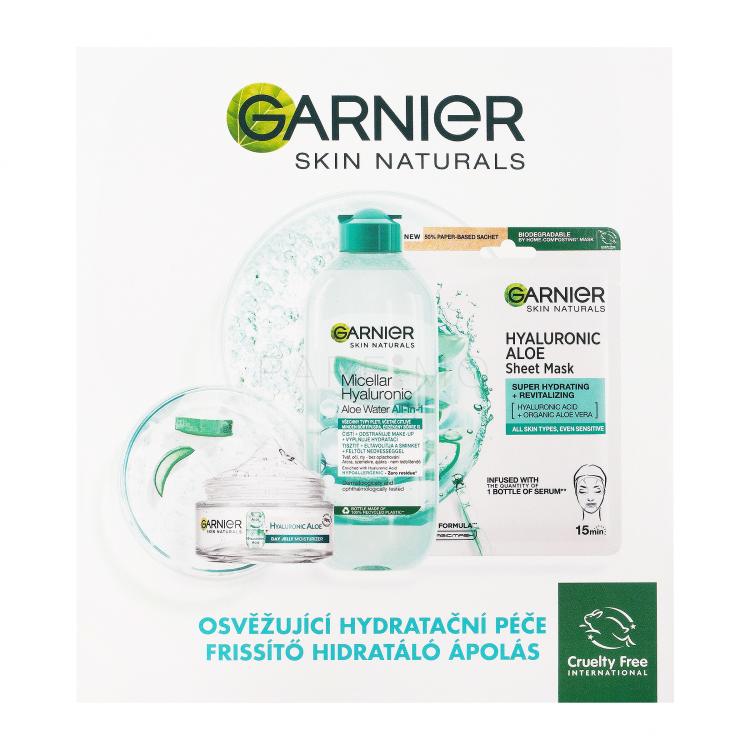 Garnier Skin Naturals Hyaluronic Aloe Pacco regalo Gel quotidiano per la pelle Skin Naturals Hyaluronic Aloe Jelly Daily Moisturizing Care 50 ml + acqua micellare Skin Naturals Micellar Hyaluronic Aloe Water 400 ml + maschera per la pelle Skin Naturals Hyaluronic Aloe Serum Tissue Mask 28 g