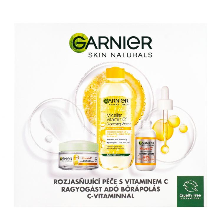 Garnier Skin Naturals Vitamin C Pacco regalo gel per la pelle Skin Naturals Vitamin C Glow Jelly Daily Care 50 ml + siero per la pelle Skin Naturals Vitamin C Super Glow Serum 30 ml + acqua micellare Skin Naturals Acqua detergente micellare alla vitamina C 400 ml