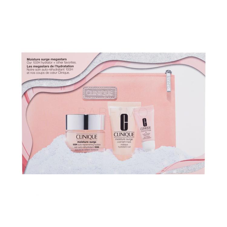 Clinique Moisture Surge Megastars Pacco regalo crema giorno Moisture Surge 100H Auto-Replenishing Hydrator 50 ml + maschera per il viso notte Moisture Surge Overnight Mask 30 ml + balsamo labbra Moisture Surge Lip Hydro-Plump Treatment 7 ml + borsa cosmetica