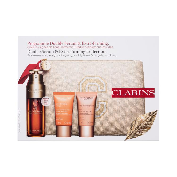 Clarins Double Serum &amp; Extra-Firming Collection Pacco regalo siero per la pelle Double Serum Complete Age Control Concentrate 50 ml + crema per la pelle da giorno Extra-Firming Energy 15 ml + crema per la pelle da notte Extra-Firming Night 15 ml + trousse ecologica