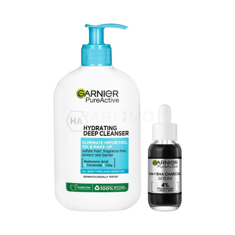 Set Gel detergente Garnier Pure Active Hydrating Deep Cleanser + Siero per il viso Garnier Pure Active AHA + BHA Charcoal Serum