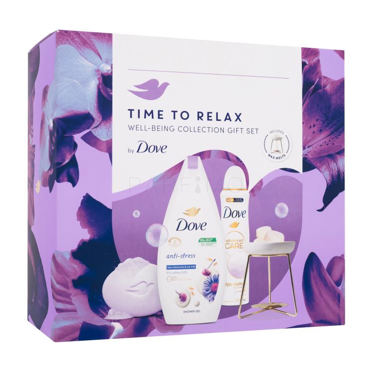 Dove Time To Relax Well-Being Collection Pacco regalo doccia gel Anti-stress 250 ml + sapone solido Relaxing Bar Soap 90 g + antiperspirant Advanced Care Helps Restore 150 ml + diffusore