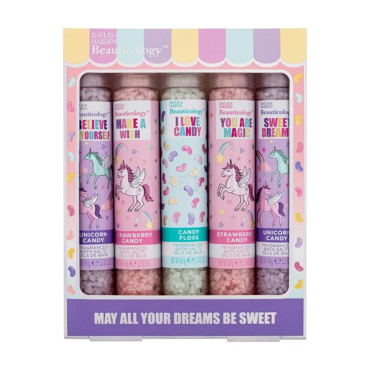 Baylis &amp; Harding Beauticology May All Your Dreams Be Sweet Pacco regalo sale da bagno Unicorn Candy 2 x 65 g + sale da bagno Strawberry Candy 2 x 65 g + sale da bagno Candy Floss 65 g