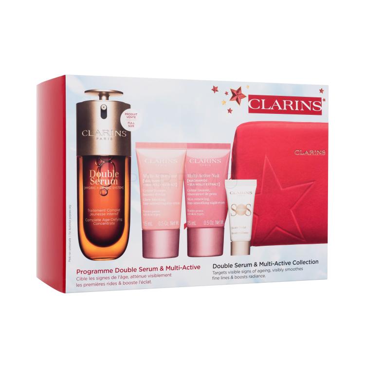 Clarins Double Serum &amp; Multi-Active Collection Pacco regalo pleťové sérum Double Serum 50 ml + denní pleťový krém Multi-Active Jour 15 ml + noční pleťový krém Multi-Active Nuit 15 ml + podkladová báze pod make-up SOS Primer 5 ml + borsa cosmetica rossa