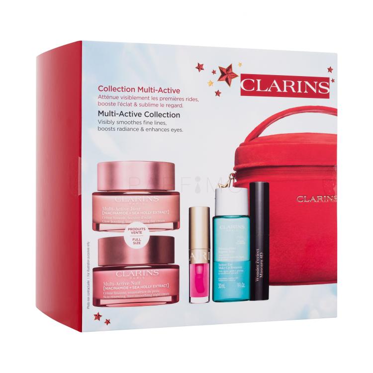 Clarins Multi-Active Collection Pacco regalo crema viso da giorno Multi-Active Jour 50 ml + crema viso da notte Multi-Active Nuit 50 ml + olio labbra Lip Comfort Oil 1,4 ml 04 Pitaya + struccante Instant Eye Make-Up Remover 30 ml + mascara Wonder Perfect Mascara 4D 3 ml 01 Perfect Black + siero viso