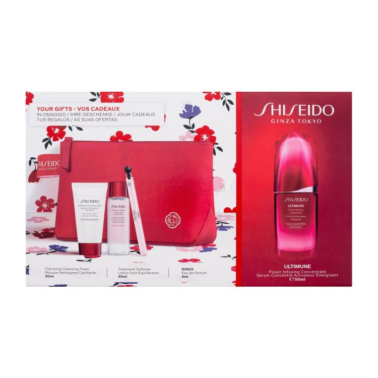 Shiseido Ultimune Power Infusing Concentrate Pacco regalo siero viso Ultimune Power Infusing Concentrate 50 ml + schiuma detergente Clarifying Cleansing Foam 30 ml + acqua viso Treatment Softener 30 ml + eau de parfum 4 ml + borsa cosmetica