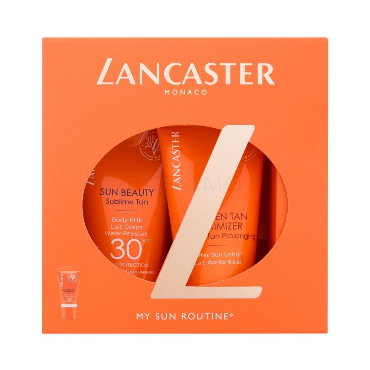 Lancaster Sun Beauty My Sun Routine Pacco regalo lozione per il corpo abbronzante Sun Beauty Sublime Tan Body Milk SPF30 50 ml + latte doposole Golden Tan Maximizer After Sun Lotion 50 ml + crema solare per il viso Sun Beauty Sublime Tan Face Cream SPF30 3 ml