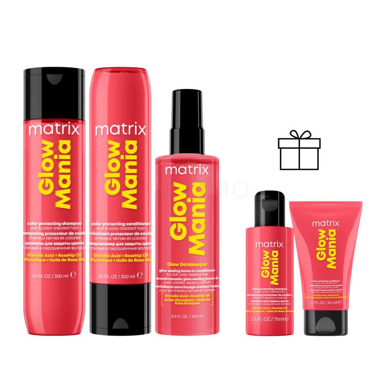 Set Shampoo Matrix Glow Mania Shampoo + Balsamo per capelli Matrix Glow Mania Conditioner + Spray curativo per i capelli Matrix Glow Mania Glow Gatekeeper Leave-In Conditioner + Shampoo Matrix Glow Mania Shampoo + Balsamo per capelli Matrix Glow Mania Conditioner